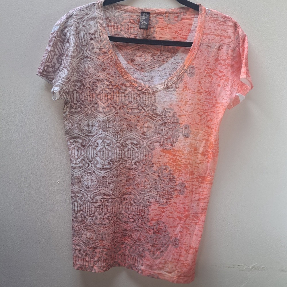 prAna Womens Large Burnout V-Neck Tee Coral Orange Grey Damask Split Dye Shirt